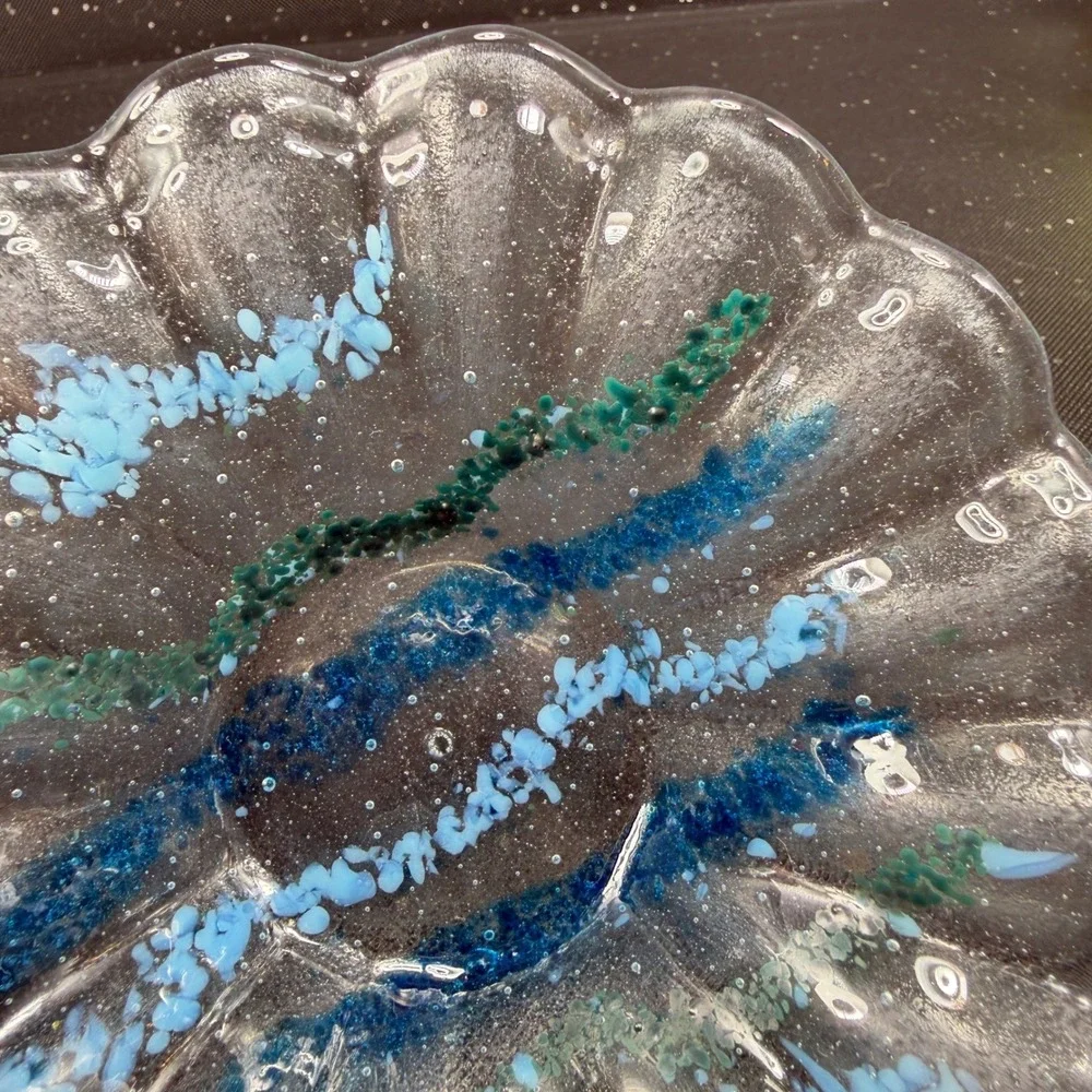 Artisan Fused Glass Scalloped Bowl Blue Teal Striped Coastal Decor Hand Made 5in
